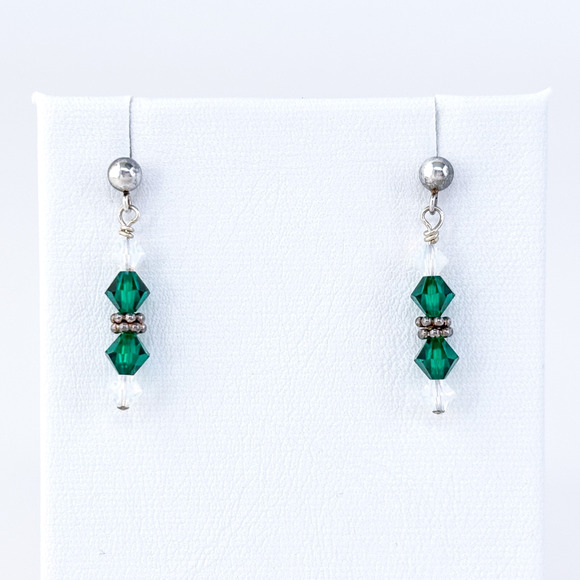 Vintage Sterling Silver 925 Green and Clear Crystal Dangle Earrings - Picture 2 of 5